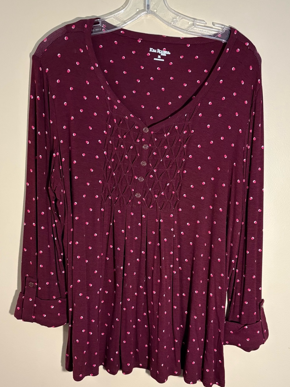Kim Rogers Pintuck Pleated Polka Dot Henley Tunic Blouse Size-XL